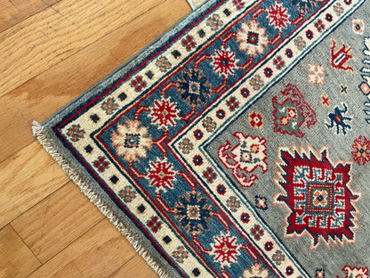 Pakistani Kazak Rug, 2'8" x 3'10", in blue, grey, ivory and red - photo 3