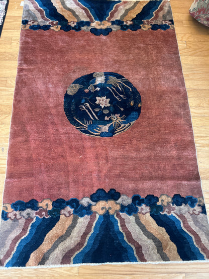 Antique Sino Chinese Peking Rug, 4'2" x 6'8", in blue, cream, navy and peach