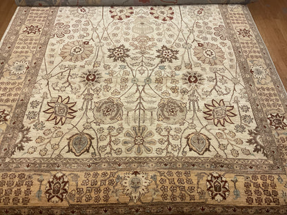 Pakistani Peshawar Rug, 9' x 12', in beige, brown, burgundy and ivory