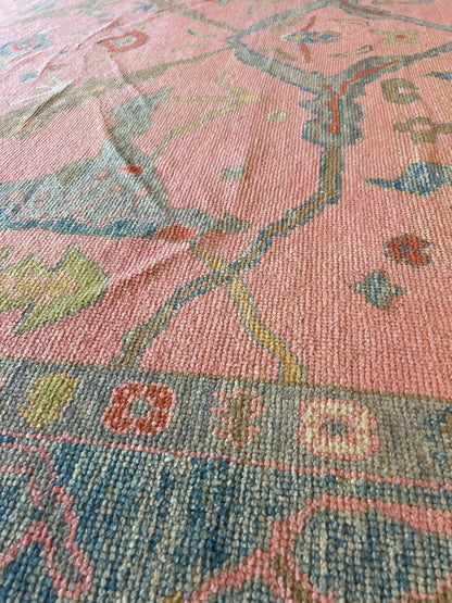 Turkish Oushak Rug, 12'8" x 14'7", in blue, green, pink and yellow - photo 6