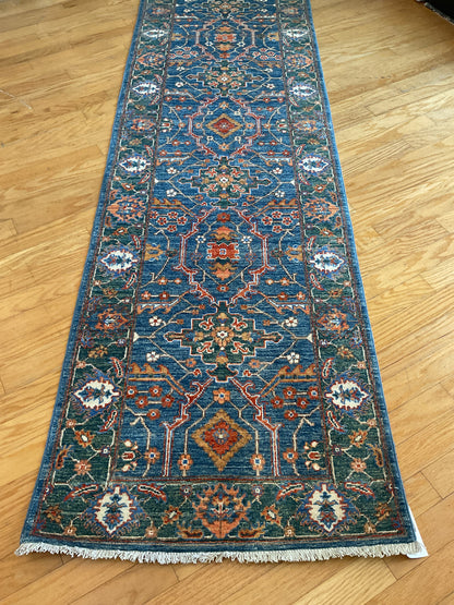 Pakistani Peshawar Runner, 2'9" x 9'9", in blue, green, ivory and orange