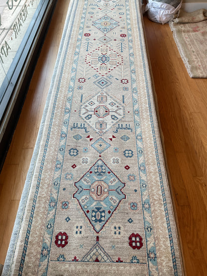 Pakistani Peshawar Runner, 2'6" x 14'3", in baby blue, beige, ivory and red - photo 2