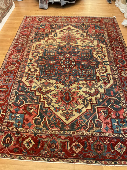 Antique Persian Heriz Rug, 9'9" x 13'8", in blue, ivory, navy and red