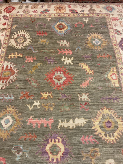 Afghan Oushak Rug, 8'1" x 9'10", in gold, ivory, olive and purple