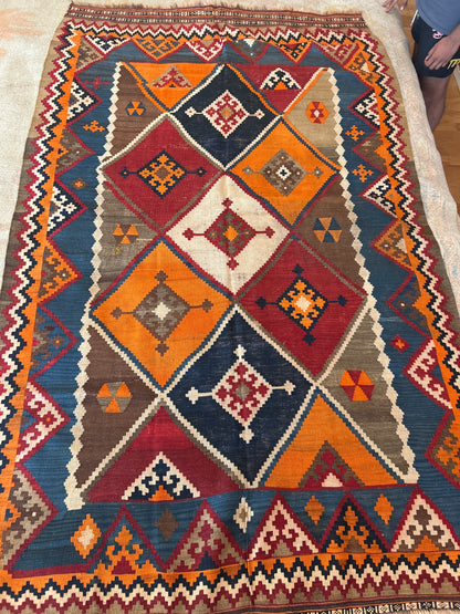 Vintage Turkish Kilim, 5' x 9', in blue, ivory, navy and orange