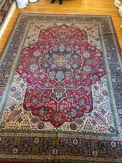 Vintage Persian Tabriz Rug, 9'9" x 13'6", in ivory, navy, red and teal