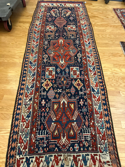 Antique Russian Kazak Runner, 3'8" x 10'8", in ivory, navy, red and rust - photo 2