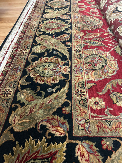 Indian Agra Jaipur Rug, 8'2" x 10'2", in black, olive and red
