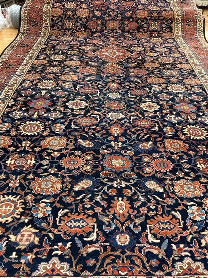 Antique Persian Malayer Rug, 12' x 24', in blue, brick, ivory and navy