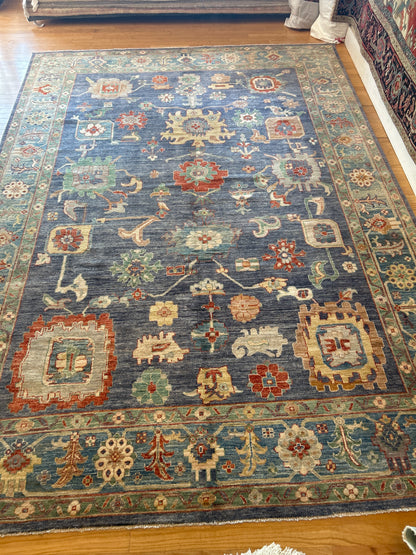 Afghan Oushak Rug, 9'6" x 13'7", in blue, green, ivory and orange