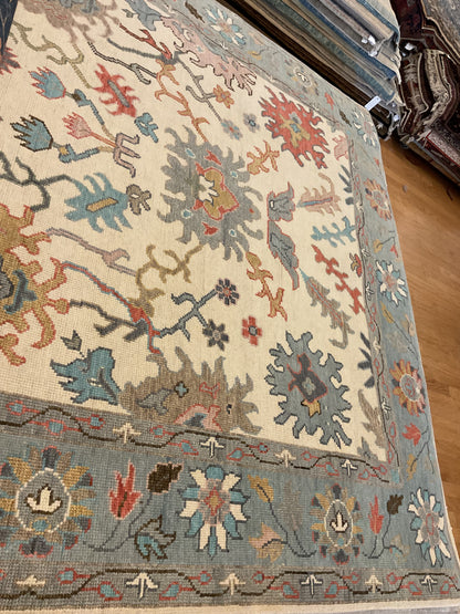 Indian Oushak Rug, 8'1" x 10'3", in baby blue, grey, ivory and rust