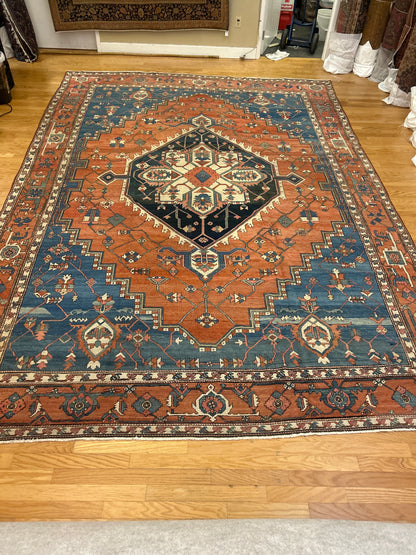 Antique Persian Serapi Rug, 11'3" x 14'5", in blue, ivory, navy and rust