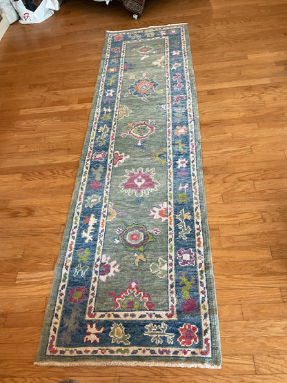 Turkish Oushak Runner, 2'10" x 10'3", in blue, green, ivory and pink