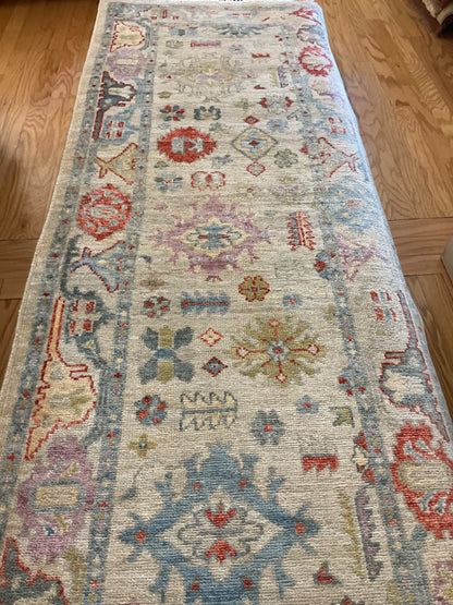 Afghan Oushak Runner, 2'10" x 7'9", in baby blue, ivory, purple and red - photo 2