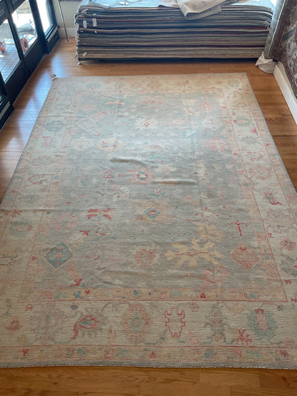 Afghan Oushak Rug, 9'10" x 14', in beige, green, grey and pink