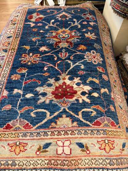 Afghan Sultani Rug, 2'10" x 4'1", in beige, blue, red and salmon