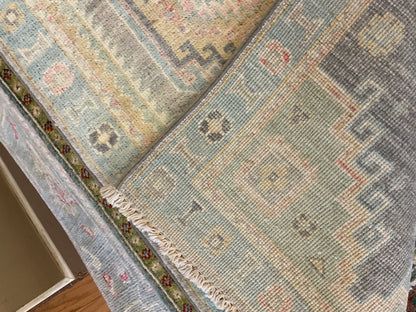Afghan Oushak Runner, 2' x 6'5", in baby blue, beige, blue and grey - photo 3