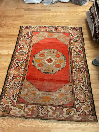 Antique Persian Kurdish Rug, 3'11" x 5'6", in grey, ivory, orange and red