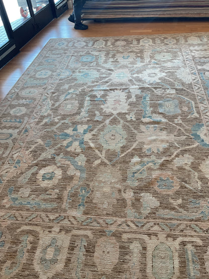 Afghan Oushak Rug, 9'10" x 13'6", in baby blue, brown, grey and ivory - photo 4