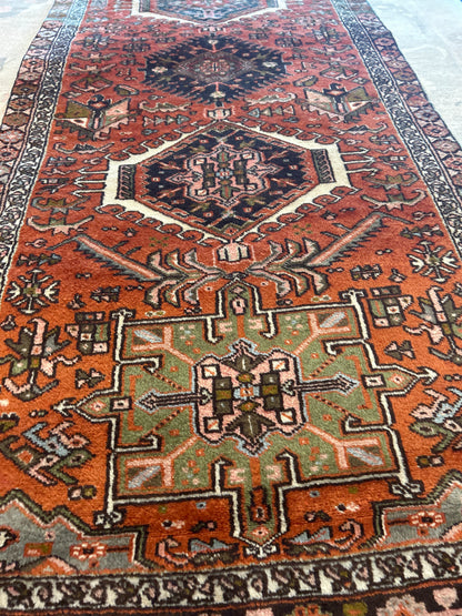 Vintage Persian Karajh Runner, 3'3" x 13'9", in green, ivory, navy and rust