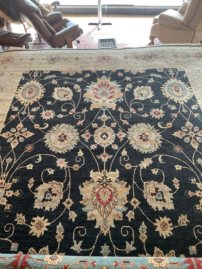 Indian Mohal Rug, 10'1" x 14', in baby blue, beige, black and grey - photo 2