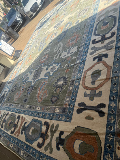Turkish Oushak Rug, 16'4" x 21', in blue, green, ivory and rust - photo 10