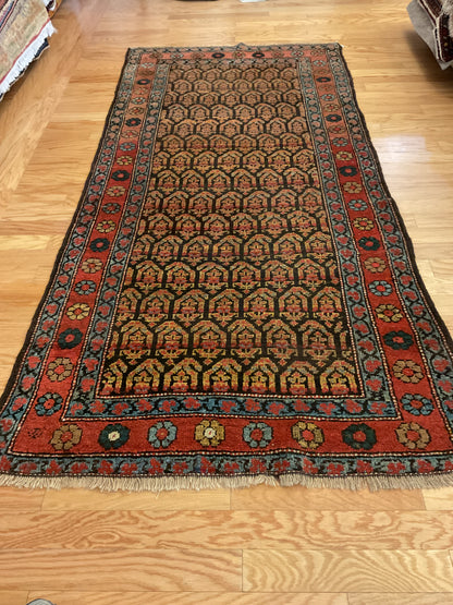 Antique Persian Kurdish Runner, 3'7" x 7'8", in brown, gold, navy and rust