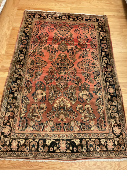 Antique Persian Sarouk Rug, 4' x 6'8", in beige, black and salmon