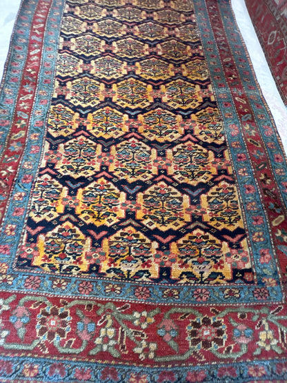 Antique Persian Bidjar Kurdish Runner, 3'4" x 17'11", in gold, navy, red and teal