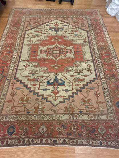 Antique Persian Serapi Rug, 9'7" x 11'8", in blue, ivory, rust and salmon - photo 4