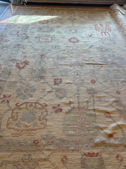 Afghan Oushak Rug, 11'9" x 15'9", in baby blue, gold, grey and ivory