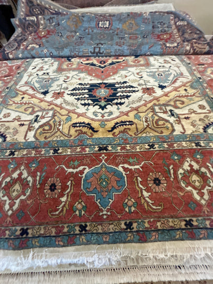 Indian Heriz Serapi Rug, 8' x 10'3", in baby blue, brick, gold and ivory