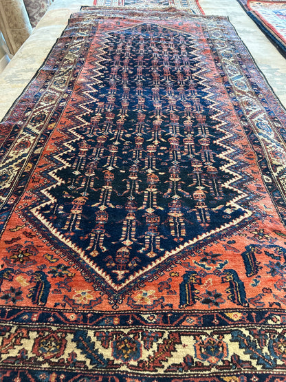 Antique Persian Kurdish Runner, 4'5" x 9'3", in ivory, navy, orange and rust