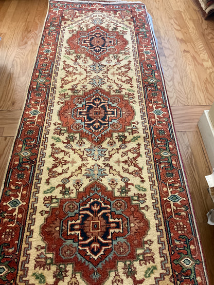 Indian Heriz Runner, 2'7" x 7'9", in baby blue, ivory, navy and rust - photo 2