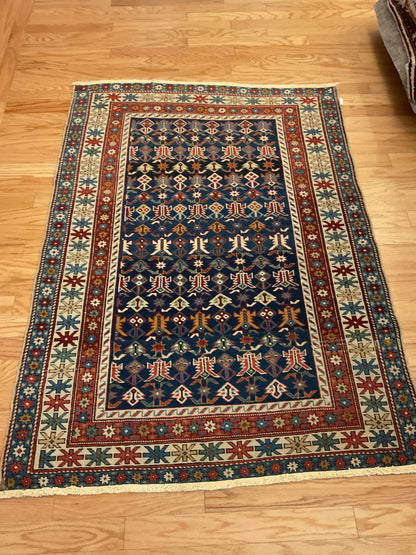 Antique Russian Kazak Rug, 3'11" x 5'6", in baby blue, ivory, navy and red - photo 4