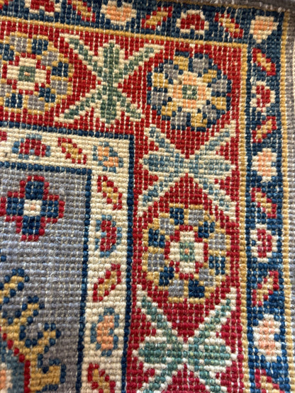Afghan Kazak Runner, 1'11" x 7'5", in grey, ivory, navy and red - photo 3