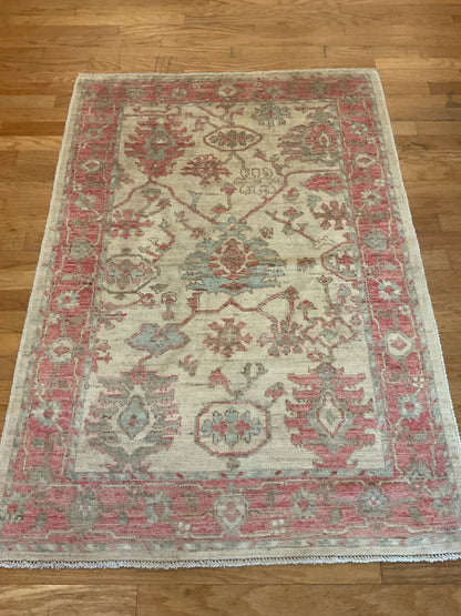 Afghan Oushak Rug, 4'1" x 5'10", in grey, ivory and rose