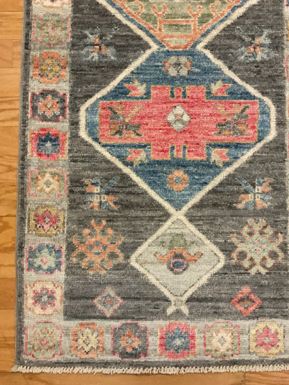 Afghan Oushak Runner, 2'5" x 9'7", in blue, charcoal, ivory and salmon - photo 3