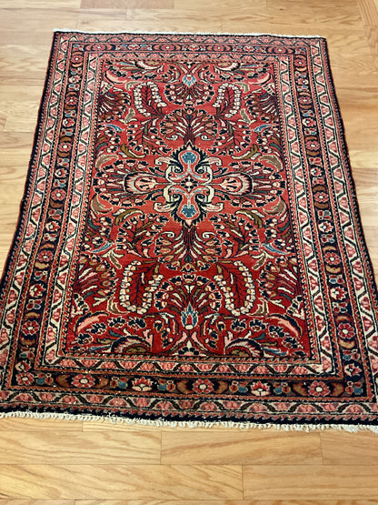 Antique Persian Lilian Runner, 3'7" x 4'9", in ivory, navy, red and salmon