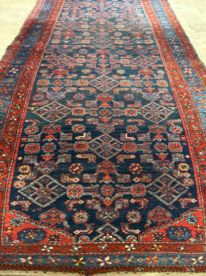 Antique Persian Kurdish Runner, 3'8" x 17'4", in ivory, navy, red and rust