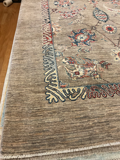 Afghan Peshawar Mohal Rug, 8'5" x 9'8", in grey, ivory, navy and red - photo 3