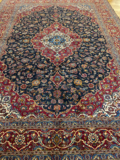 Vintage Persian Kashan Rug, 10'3" x 13'11", in blue, ivory, navy and red