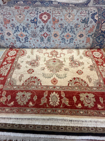 Pakistani Peshawar Rug, 7'3" x 9', in beige, green, ivory and red