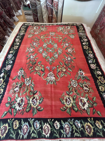 Vintage Turkish Kilim, 8'6" x 11'7", in black, green, ivory and red