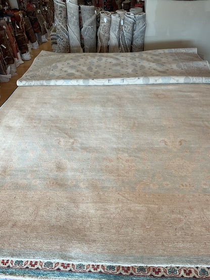 Pakistani Peshawar Rug, 10'1" x 14'3", in baby blue, beige and peach