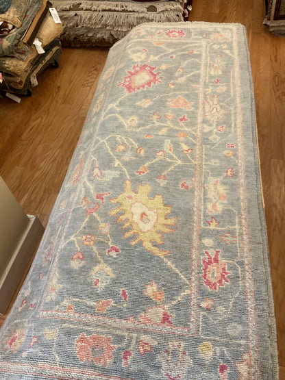 Afghan Oushak Runner, 2'9" x 5'9", in baby blue, ivory, pink and yellow