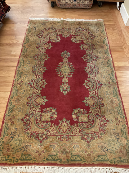 Vintage Persian Kerman Rug, 4'2" x 7', in beige, olive and red
