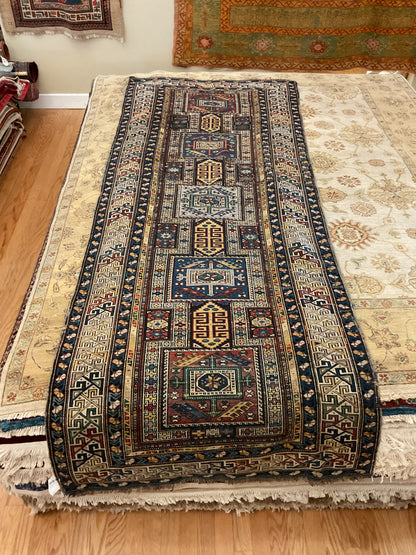 Antique Russian Kazak Runner, 3'11" x 9'10", in beige, blue, gold and navy