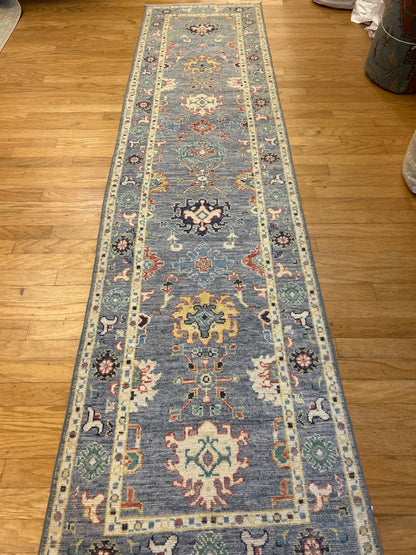 Pakistani Oushak Runner, 2'9" x 11'3", in green, ivory, peach and periwinkle