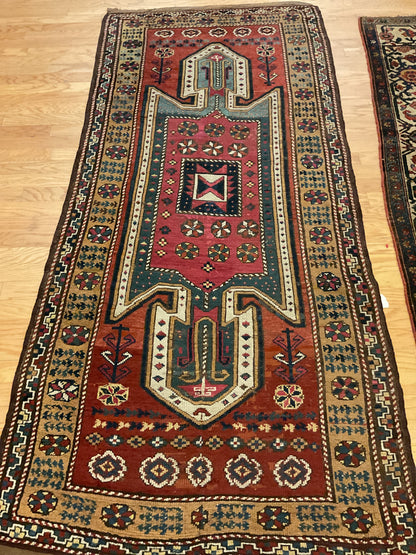Antique Persian Kurdish Runner, 3'11" x 8'9", in gold, ivory, navy and red